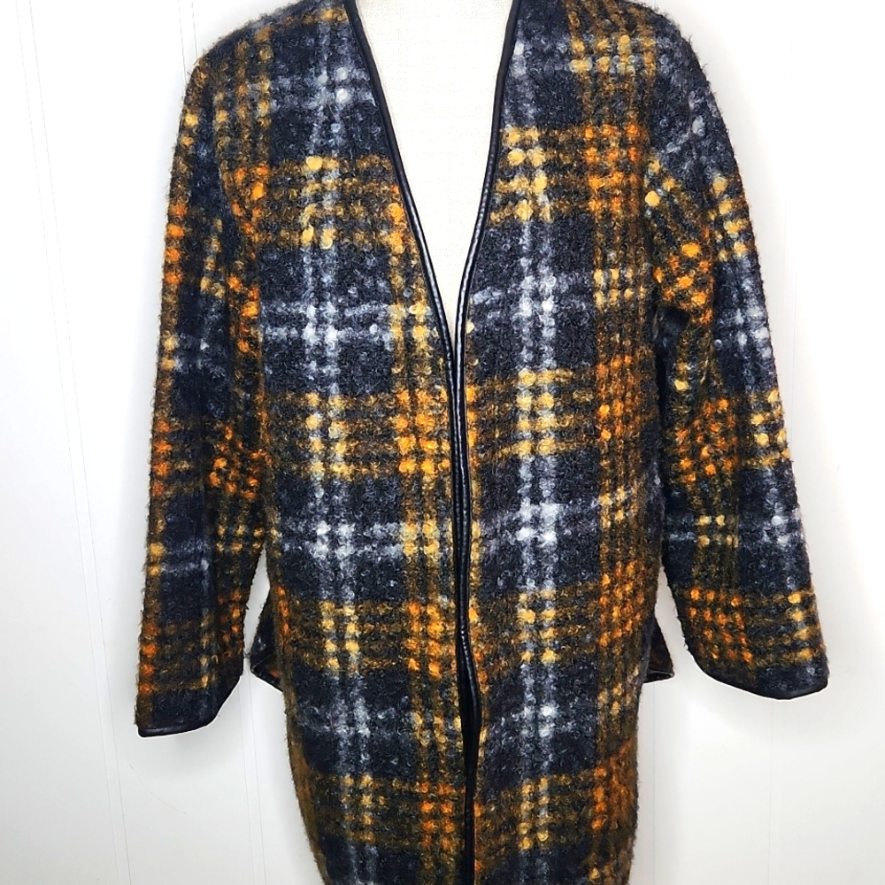 Ava & Viv Plaid Long Line Knit Open Front Faux Leather Trim Blanket Coat